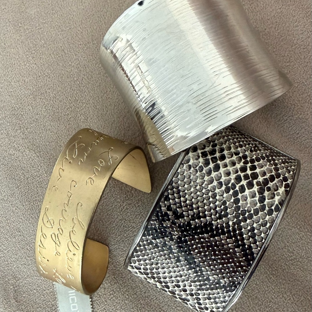 Mixed Metal Cuff Bracelet Trio - Silver, Gold & Snakeskin Pattern